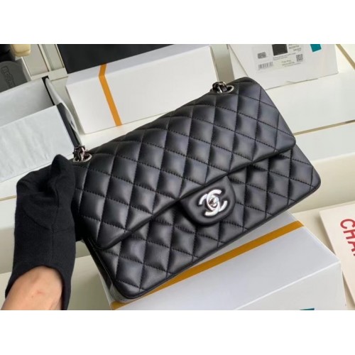Geantă Chanel clasică din piele de miel argintie Metal A01112 Negru