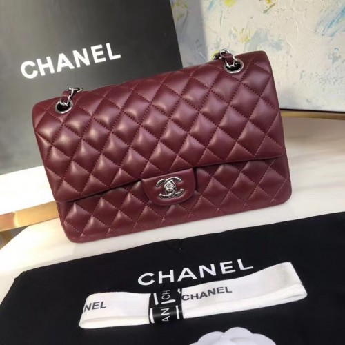 Geantă Chanel clasică, piele de miel, argintiu, metal, A01112, vișinie