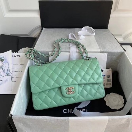 Geantă Chanel clasică din piele de miel argintie Metal A01112 verde deschis