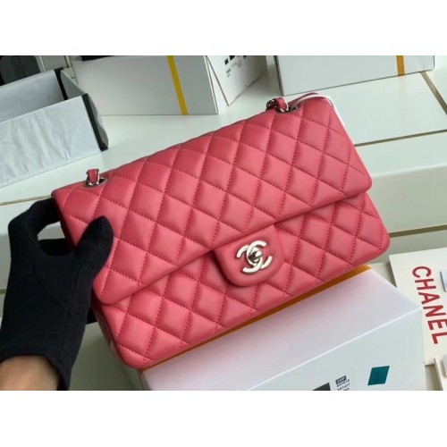 Geantă Chanel clasică din piele de miel argintie Metal A01112 roz