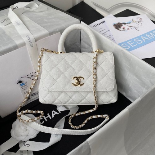Geantă mini Chanel cu clapă, piele originală caviar și mâner superior, albă AS2215, aurie