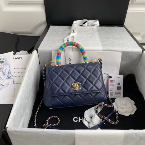Geantă Chanel mini cu clapă și mâner superior AS2215 Albastru marin