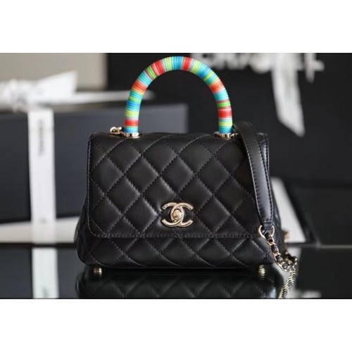 Geantă mini Chanel cu clapă și mâner superior AS2215 neagră