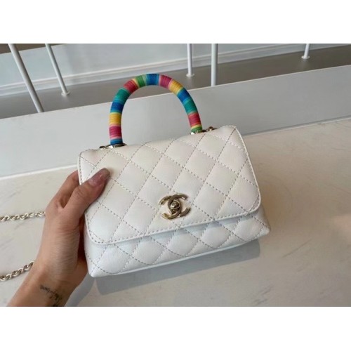 Geantă Chanel mini cu clapă și mâner superior AS2215 albă